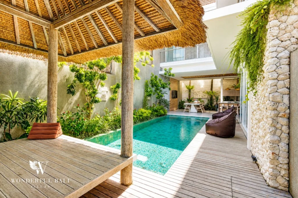 Private pool beside the modern villa with tropical garden in Petitenget, Bali