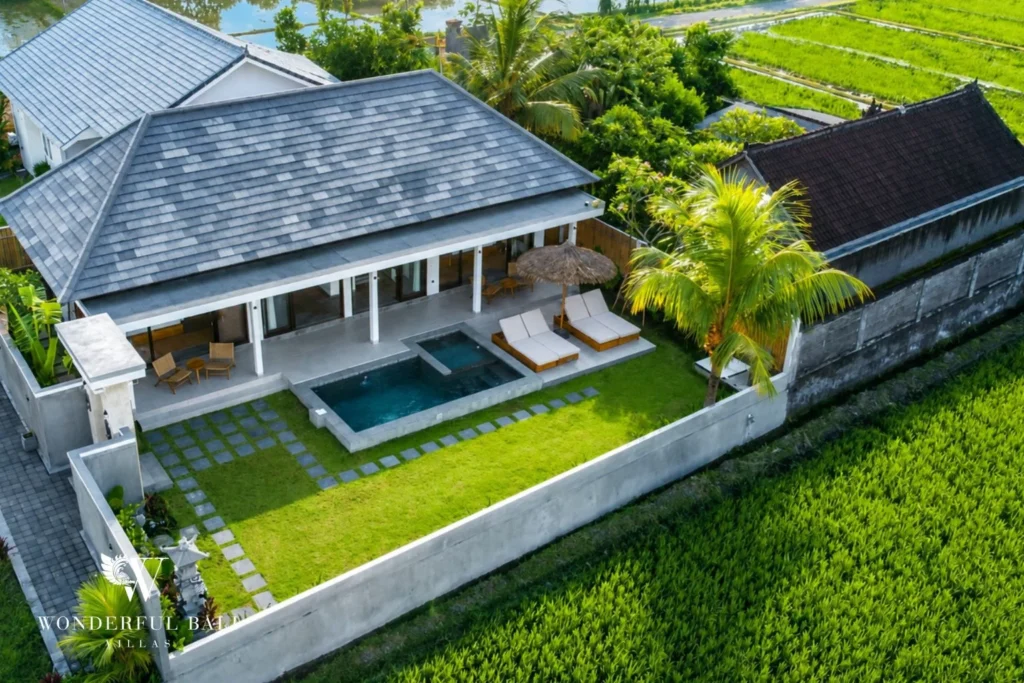 Private pool beside the villa with rice-field views in Ubud, Bali