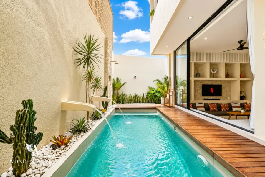 3BR villa for monthly rent Jimbaran — Mediterranean villa with private waterfall pool and cactus garden, Jimbaran