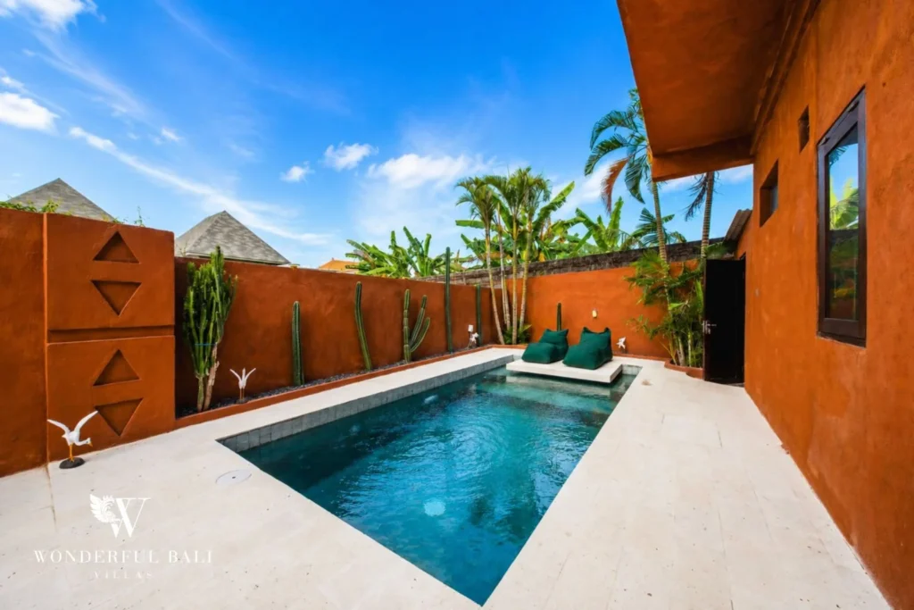 Pool with in-water daybed and cactus garden in Nyanyi, Bali