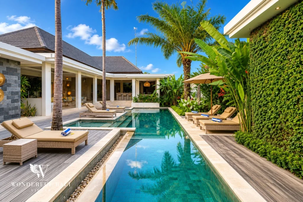 Pool with sunloungers on raised platform and tropical garden at villa in Seminyak, Bali