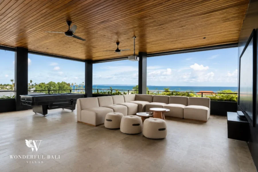 5BR villa for long-term rent Cemagi — rooftop entertainment lounge with ocean view
