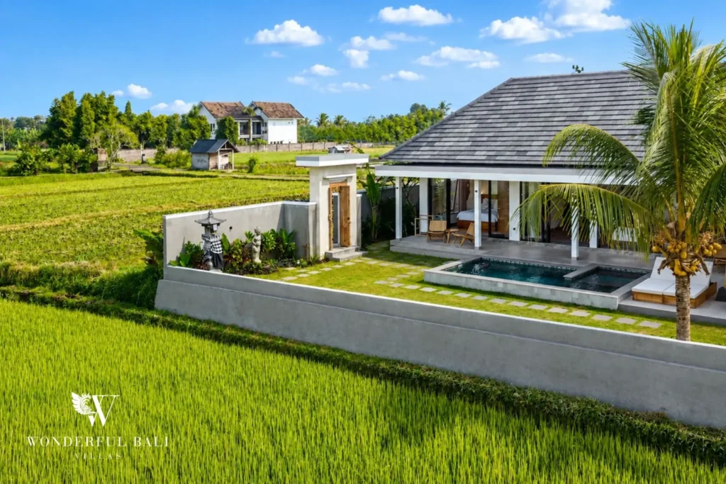 Villa exterior with garden and rice fields in Ubud, Bali