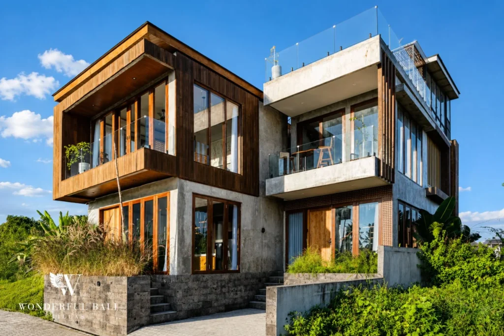 Modern exterior of a 4-bedroom ocean-view villa in Seseh, Bali