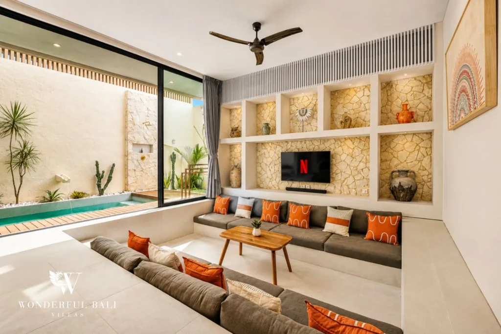 3BR villa for monthly rent Jimbaran — open plan living and dining area