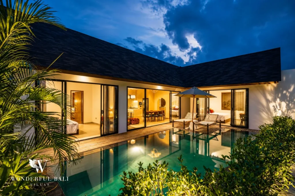 3BR villa for monthly rent Canggu — private pool at dusk