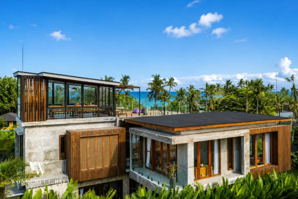 Front facade of a 4-bedroom ocean-view villa in Seseh, Bali