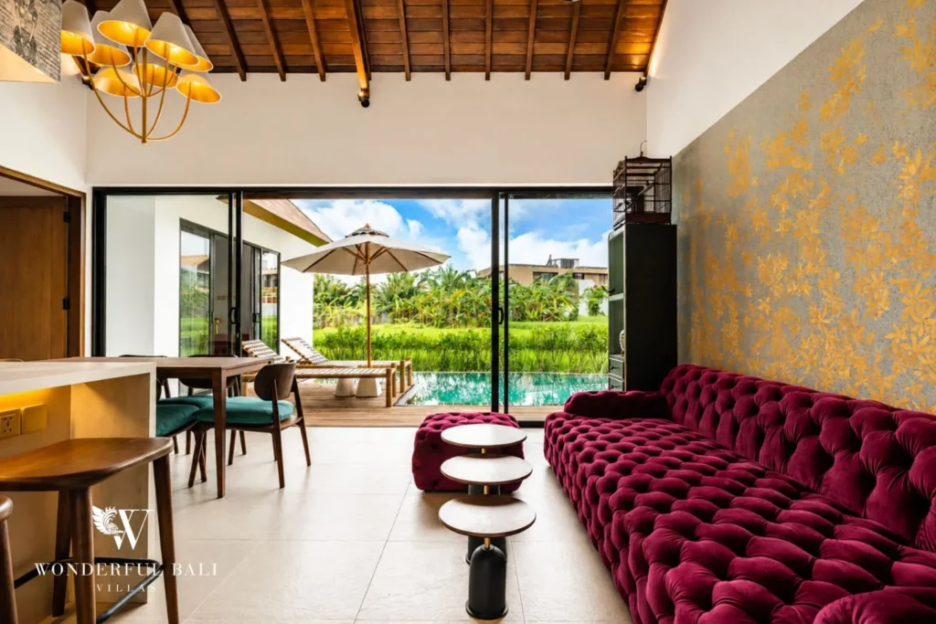 3BR villa for monthly rent Canggu — open plan living and dining area