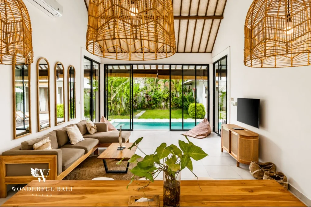 Sun loungers on the pool deck at villa in Umalas, Bali