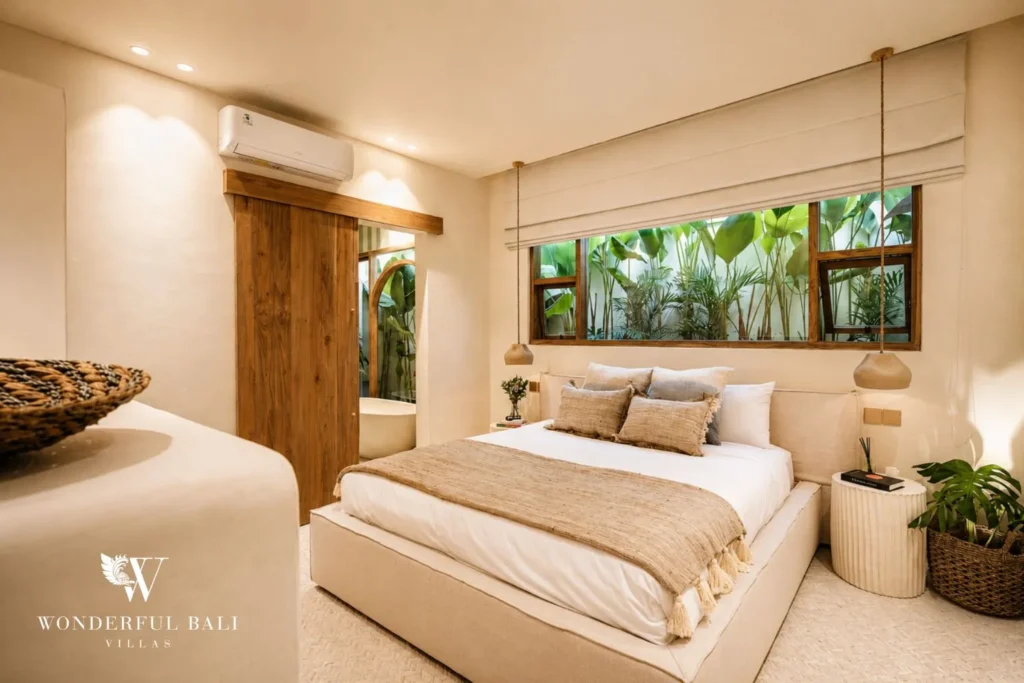 Bedroom in neutral tones with a large window to the garden at villa in Berawa, Bali