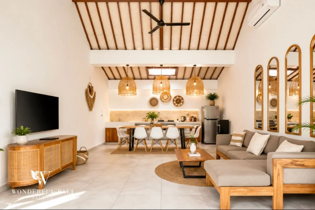 Living room with sofa, TV and rattan decor at villa in Umalas, Bali
