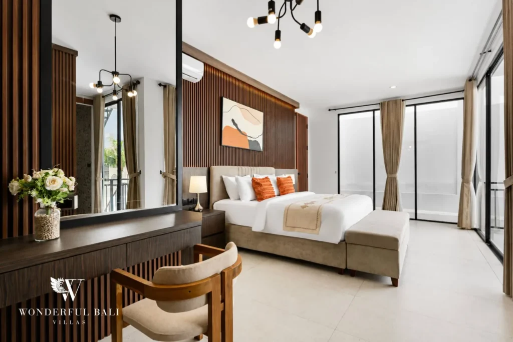 monthly villa rental pererenan — living room with floating staircase