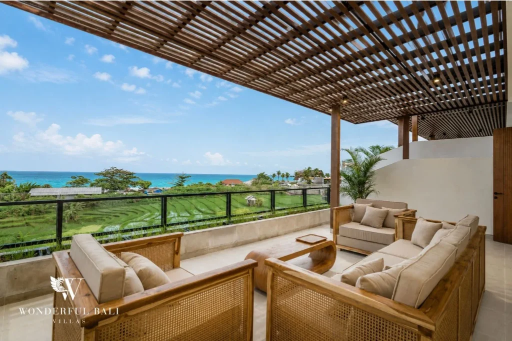 monthly villa rental cemagi — rooftop terrace ocean view lounge