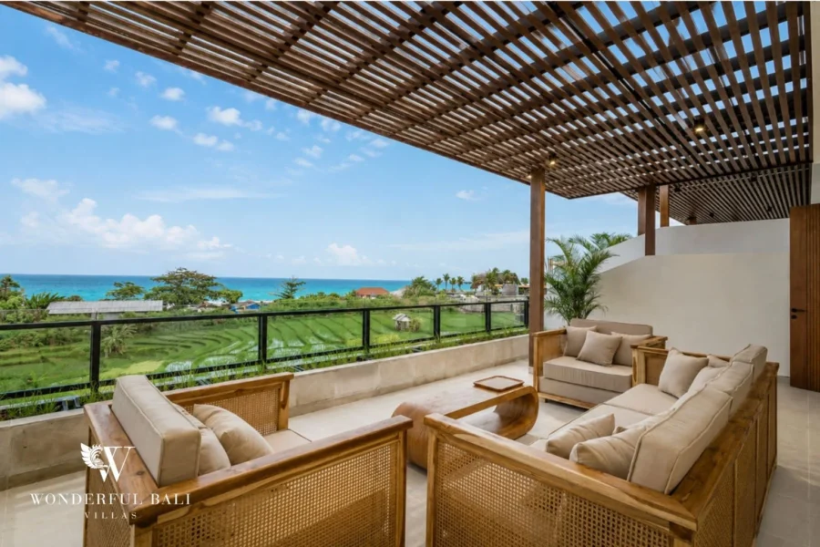 monthly villa rental cemagi — rooftop terrace ocean view lounge