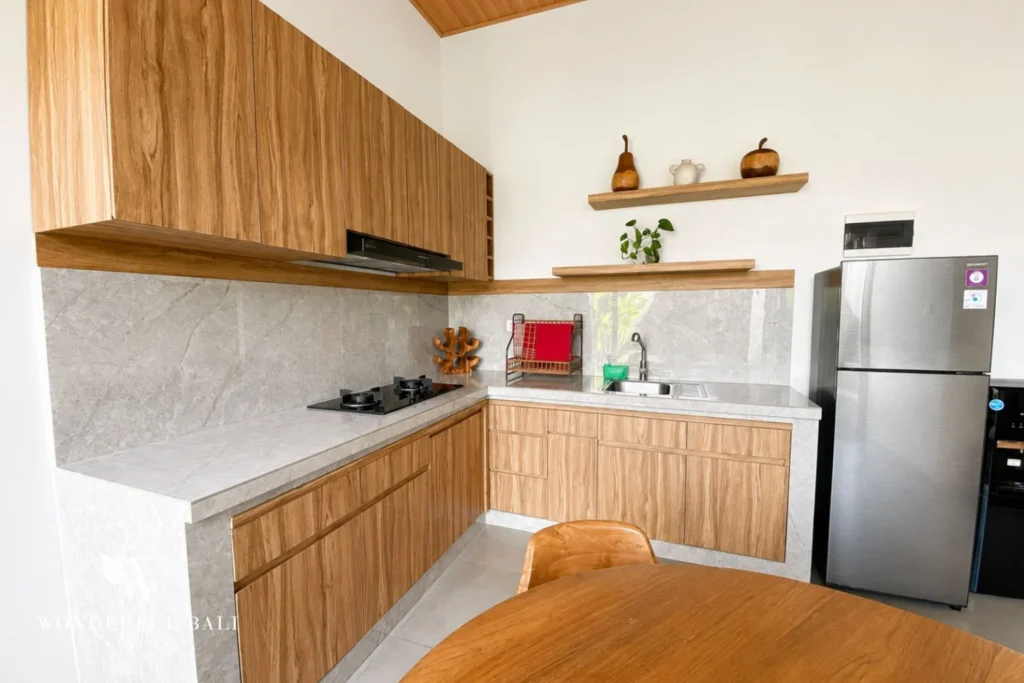Fully equipped kitchen detail at villa in Canggu, Bali
