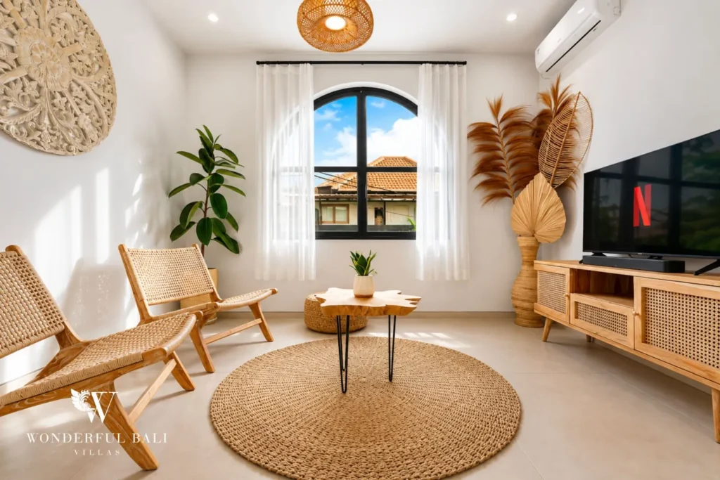 Living lounge with rattan chairs, round rug and woven decor at villa in Canggu, Bali