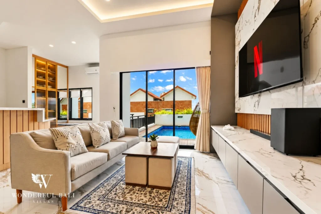 3BR villa for monthly rent Jimbaran — open plan living area