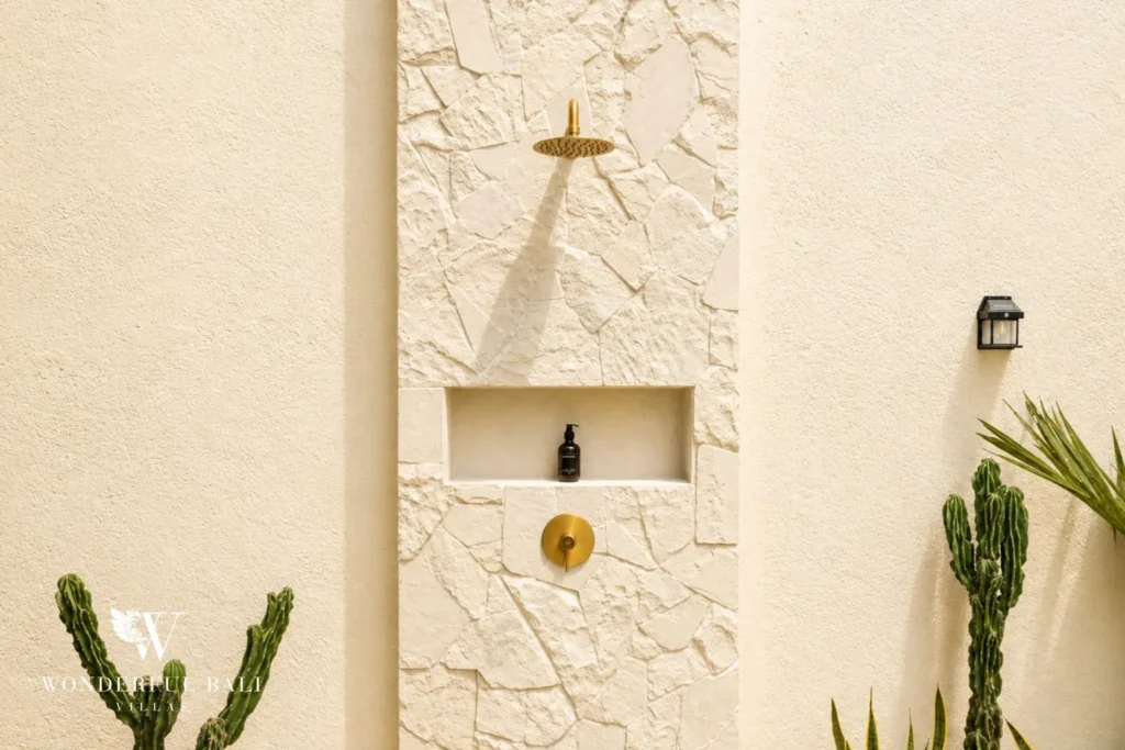 3BR villa for monthly rent Jimbaran — outdoor rainfall shower in cactus garden