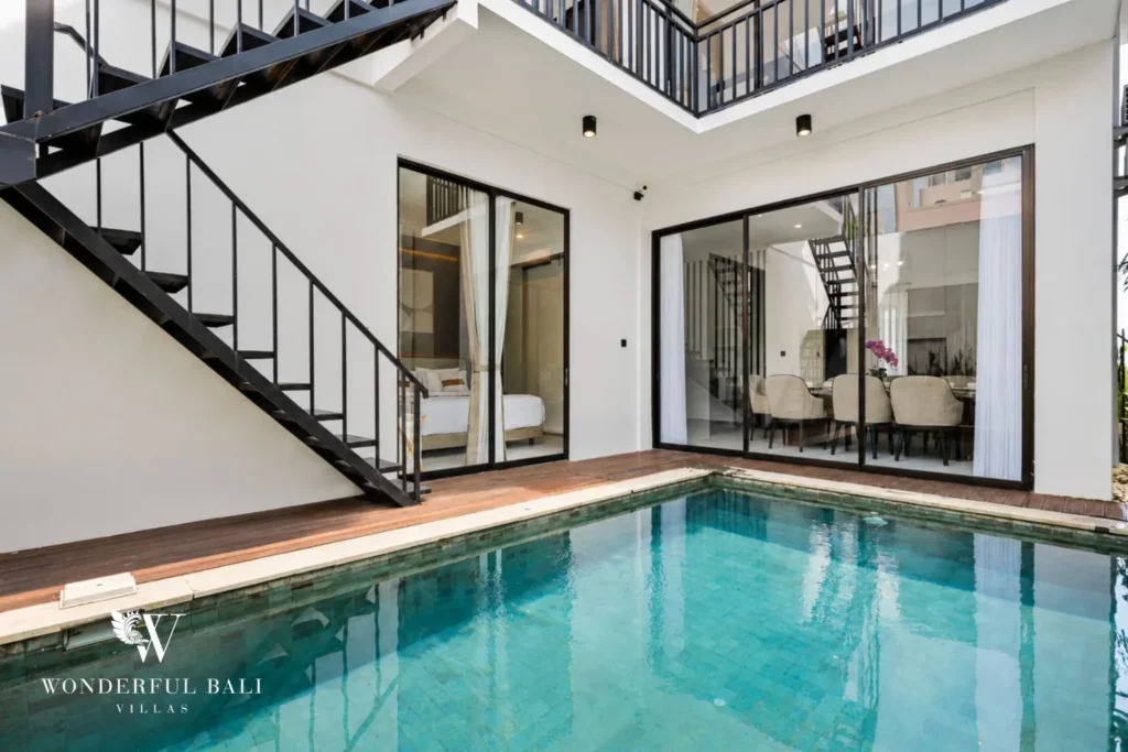 monthly villa rental pererenan — private pool with floating staircase
