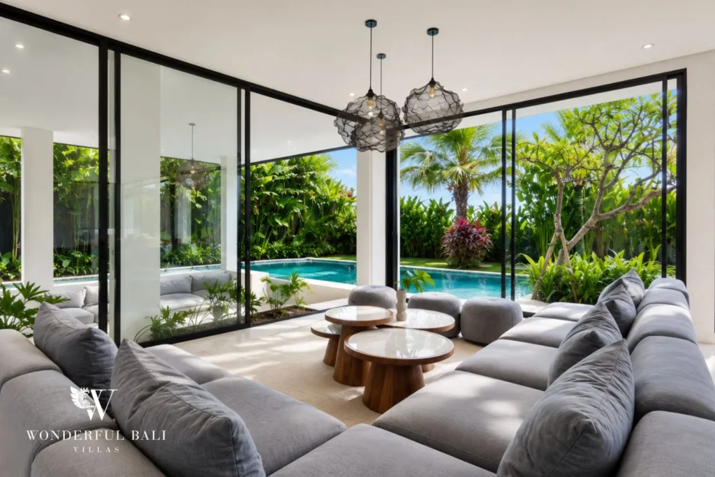 5BR villa for long-term rent Cemagi — living room with floor to ceiling glass