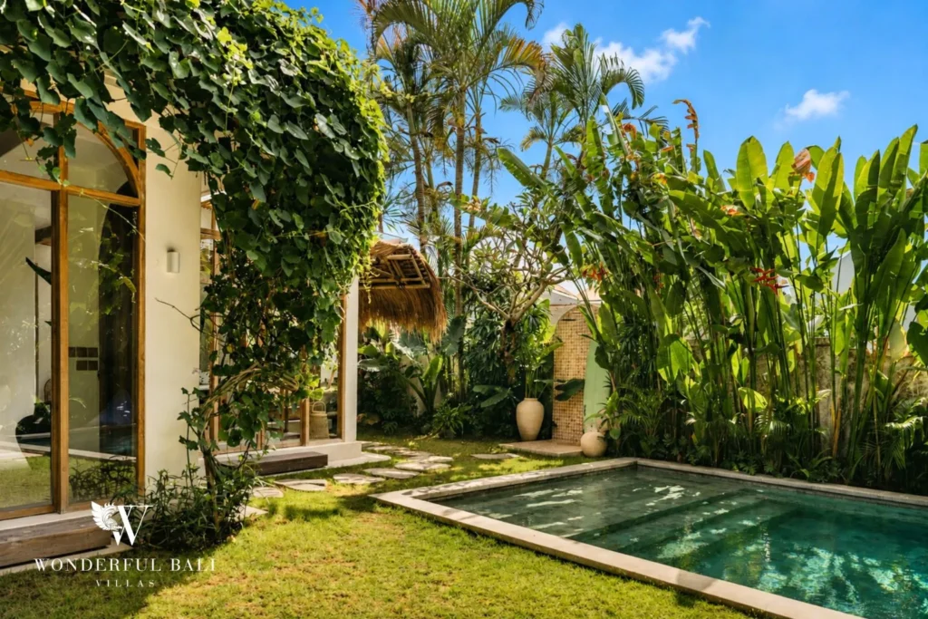Narrow pool enclosed by dense tropical garden at villa in Berawa, Bali
