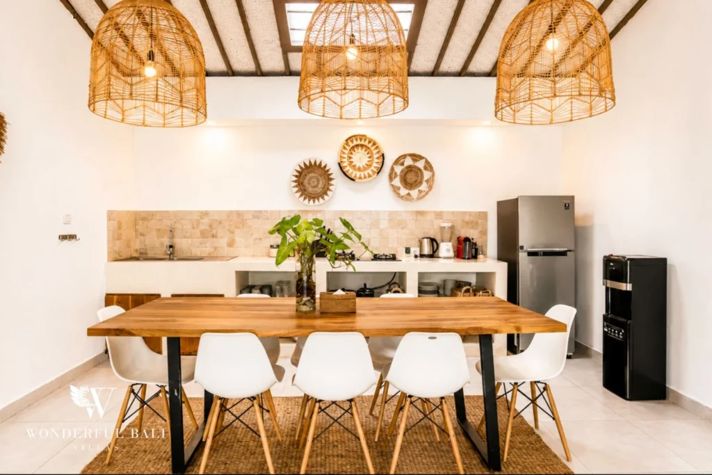 Fully equipped kitchen with breakfast-bar seating at villa in Umalas, Bali