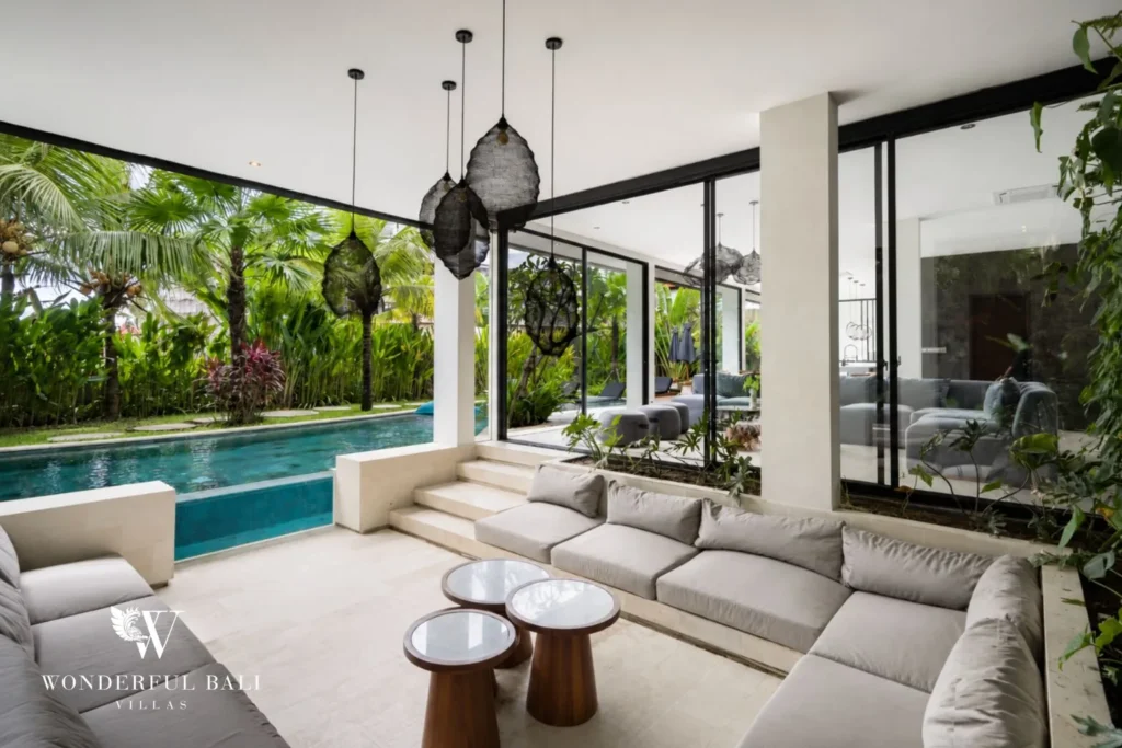 5BR villa for long-term rent Cemagi — living lounge opening to garden