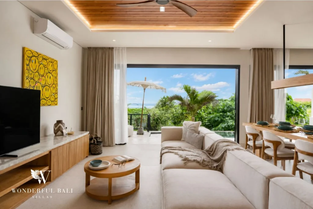 monthly villa rental cemagi — open plan living area ocean view