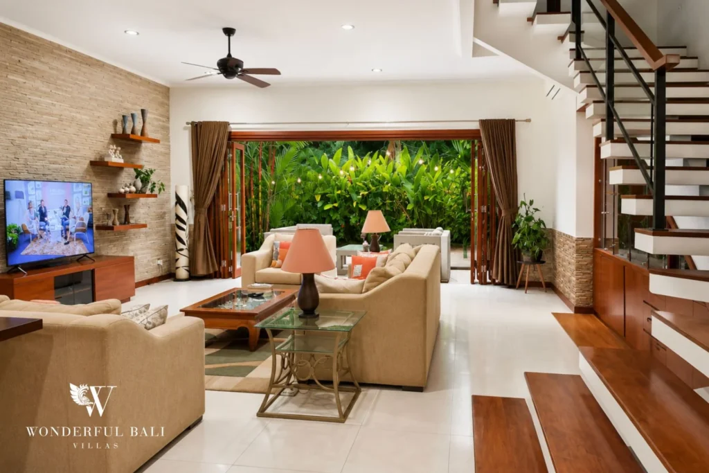 monthly villa rental sanur — open plan living area staircase