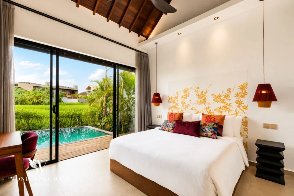 3BR villa for monthly rent Canggu — bedroom with rice field view