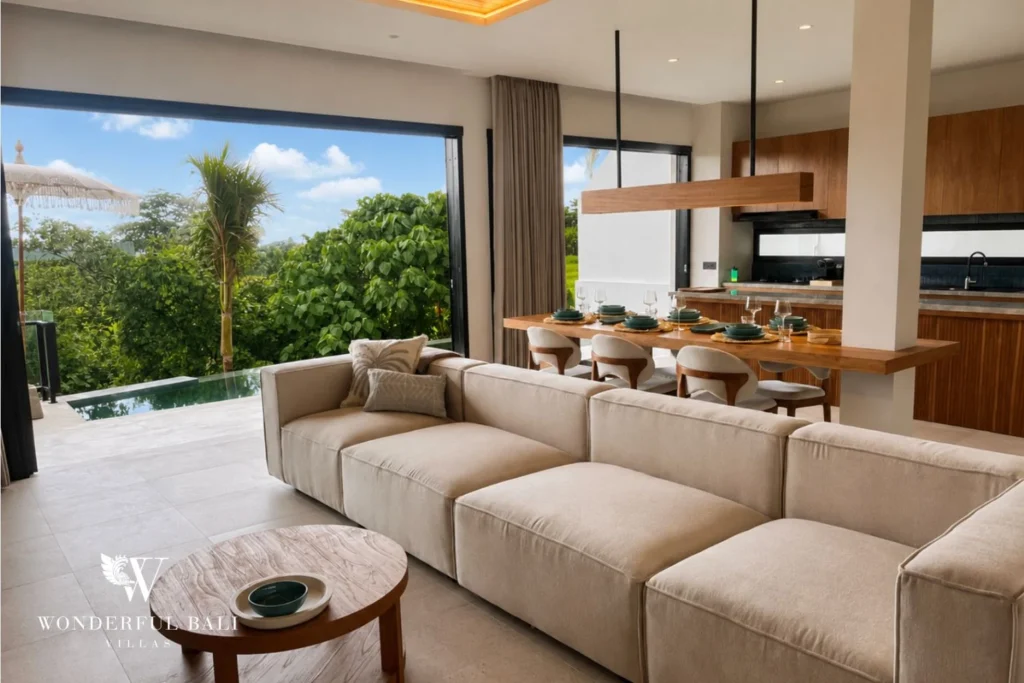 monthly villa rental cemagi — living area sofa terrace