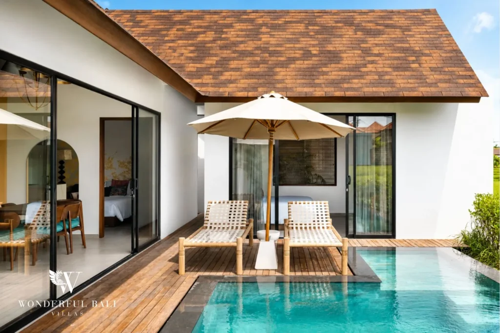 3BR villa for monthly rent Canggu — bedroom with pool view