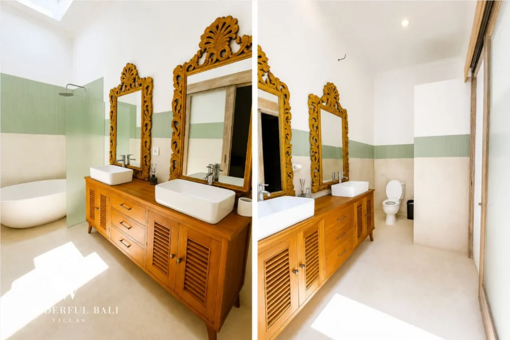 Bathroom with double timber vanity and twin mirrors at villa in Canggu, Bali