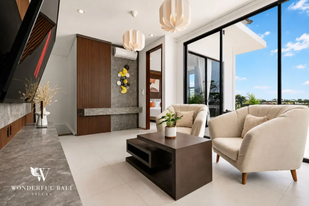 monthly villa rental pererenan — lounge with staircase view