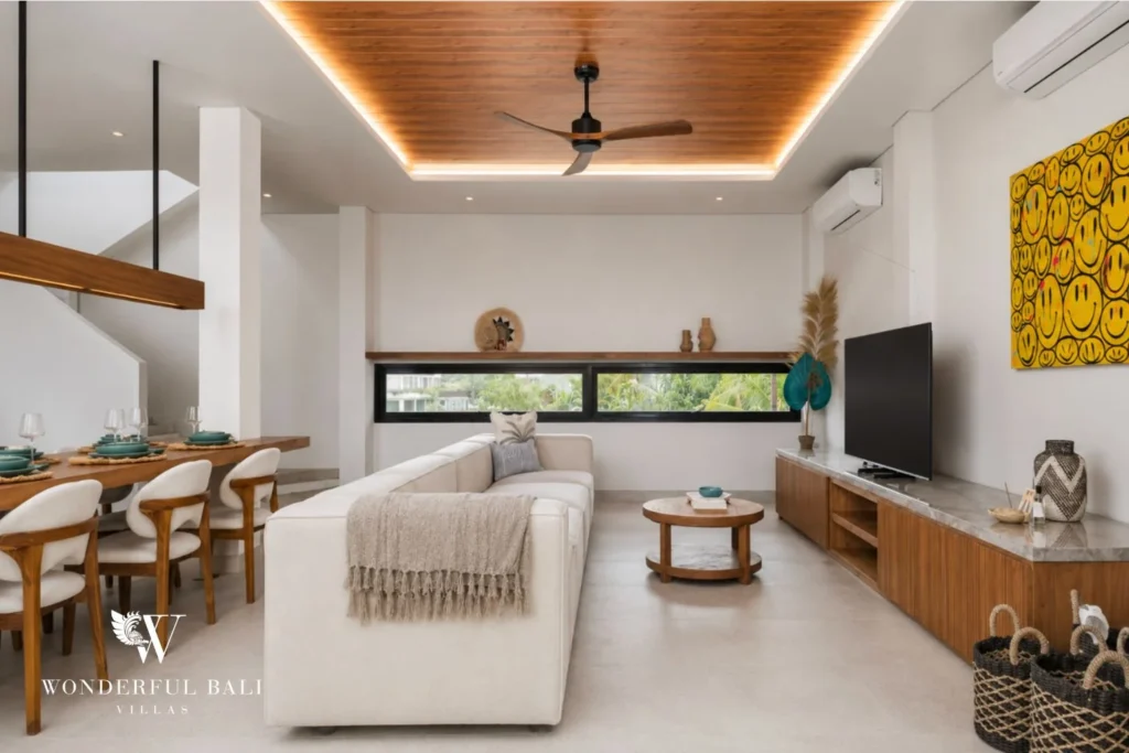 monthly villa rental cemagi — open plan living dining area