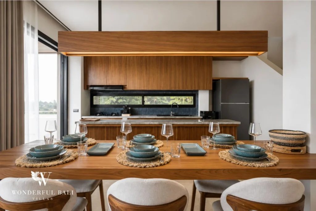 monthly villa rental cemagi — dining area open kitchen