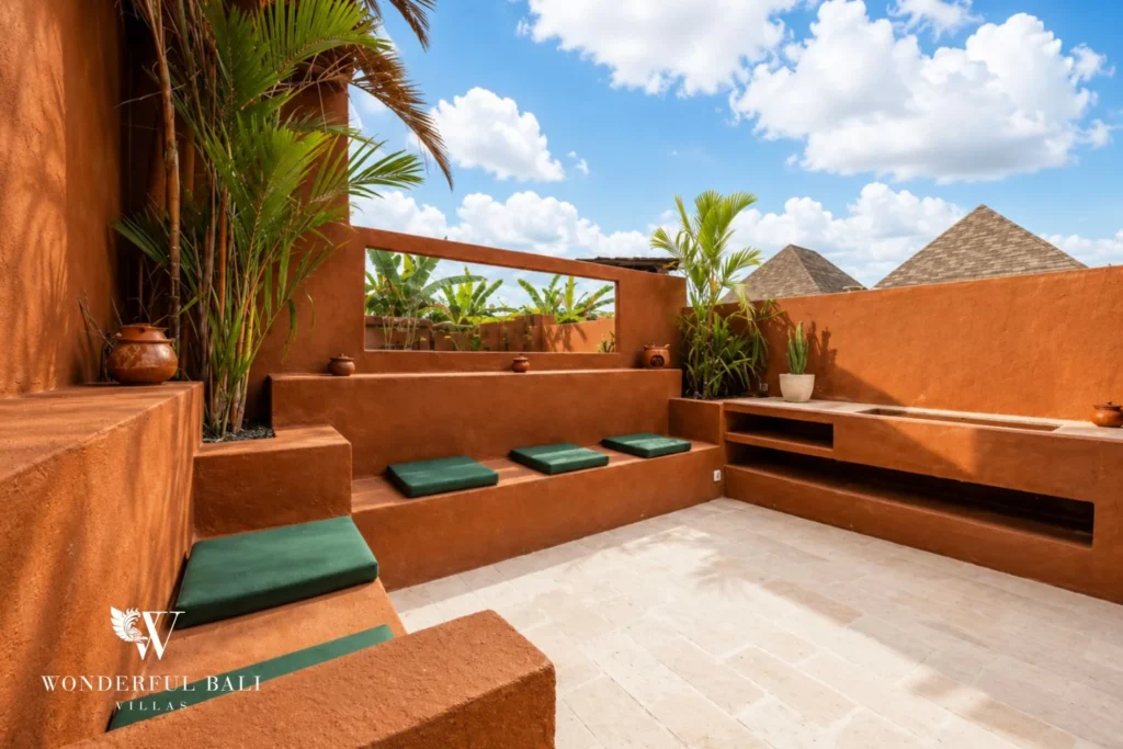 Rooftop terrace with cushioned seating in Nyanyi, Bali