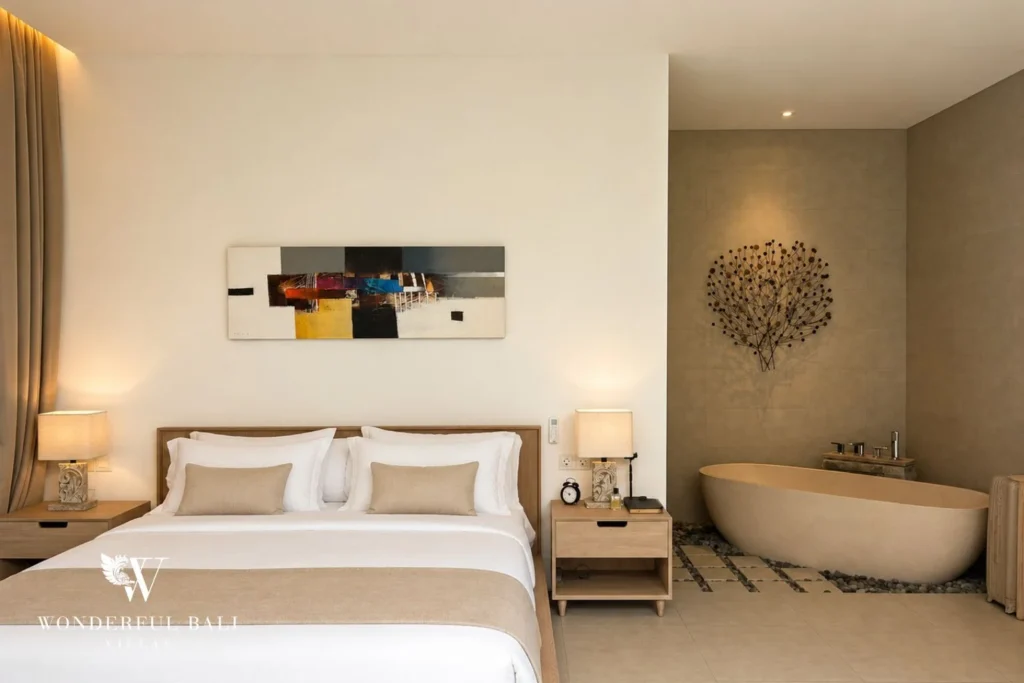 Bedroom with king bed and freestanding bathtub at villa in Petitenget, Bali
