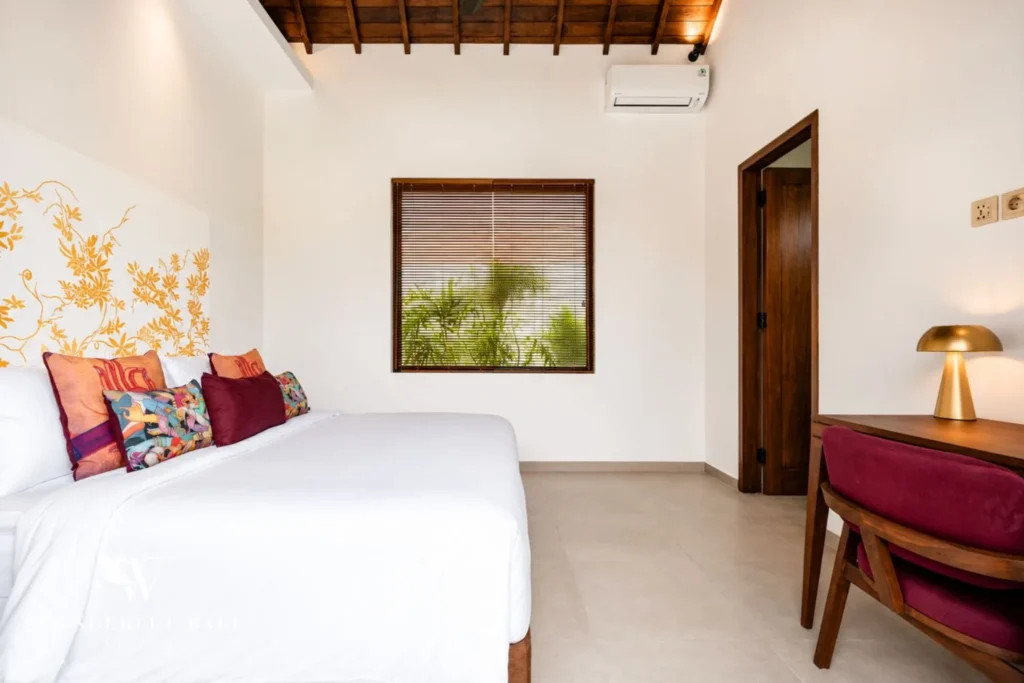 3BR villa for monthly rent Canggu — bedroom with floral headboard