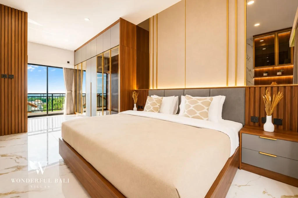 3BR villa for monthly rent Jimbaran — bedroom with timber headboard