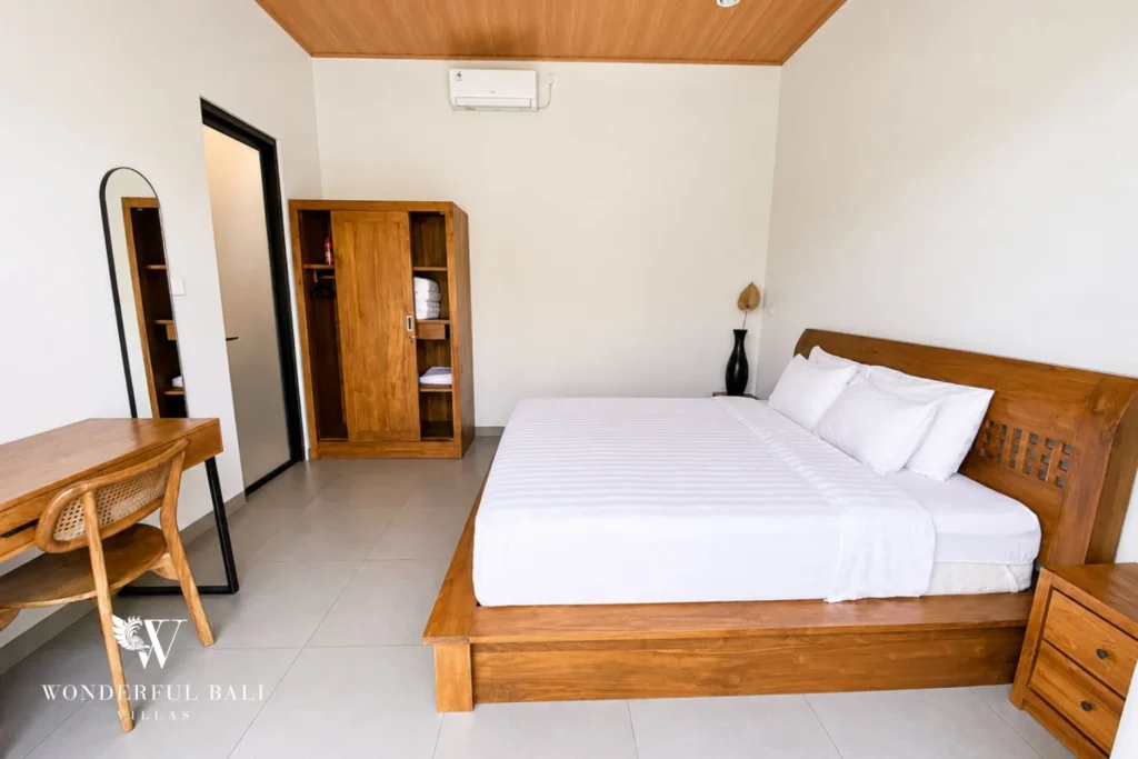 Bedroom with timber ceiling at villa in Canggu, Bali