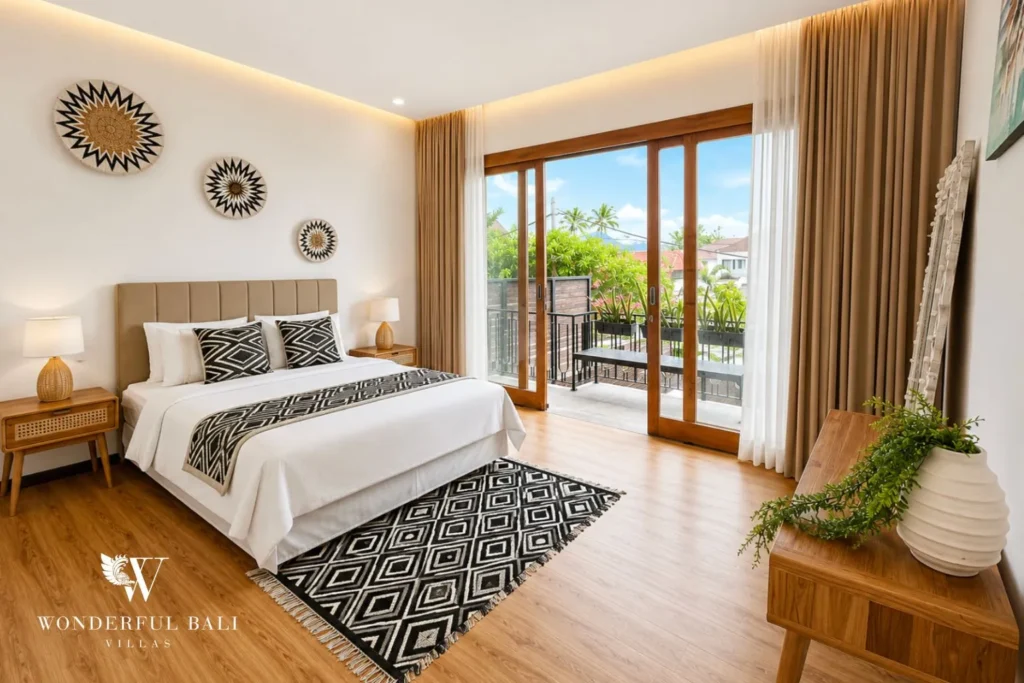 Bedroom with wooden bed, patterned rug and glass doors to a balcony at villa in Berawa, Bali