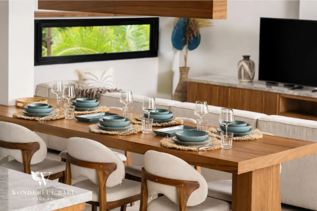 monthly villa rental cemagi — dining area smart tv