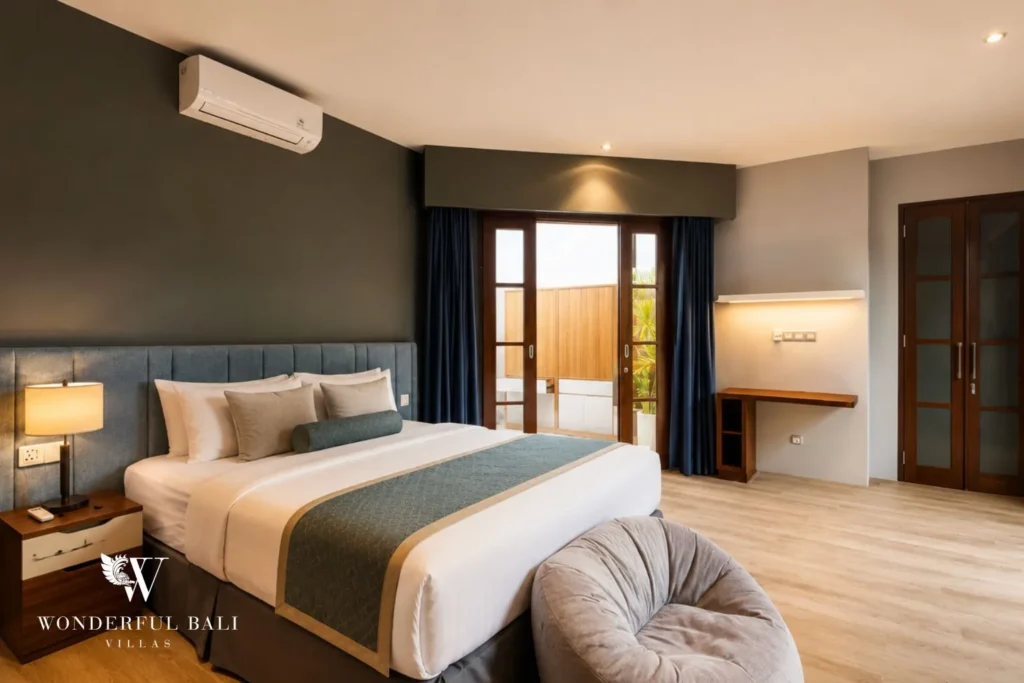 Bedroom with white bed and minimal decor at villa in Umalas, Bali