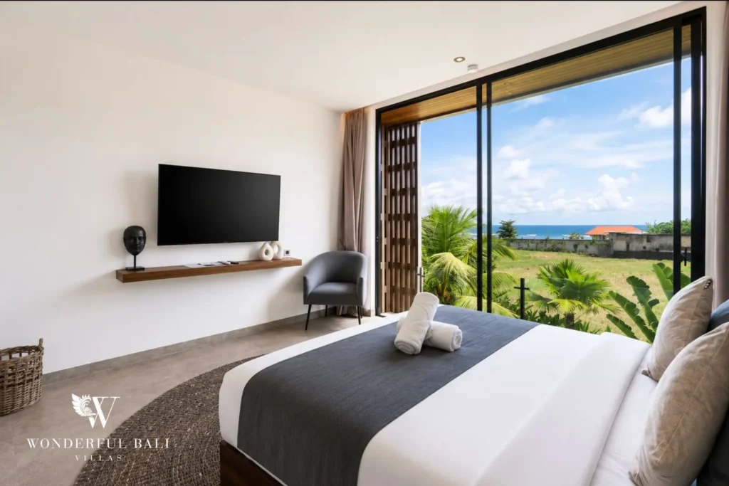 5BR villa for long-term rent Cemagi — bedroom with smart tv and view