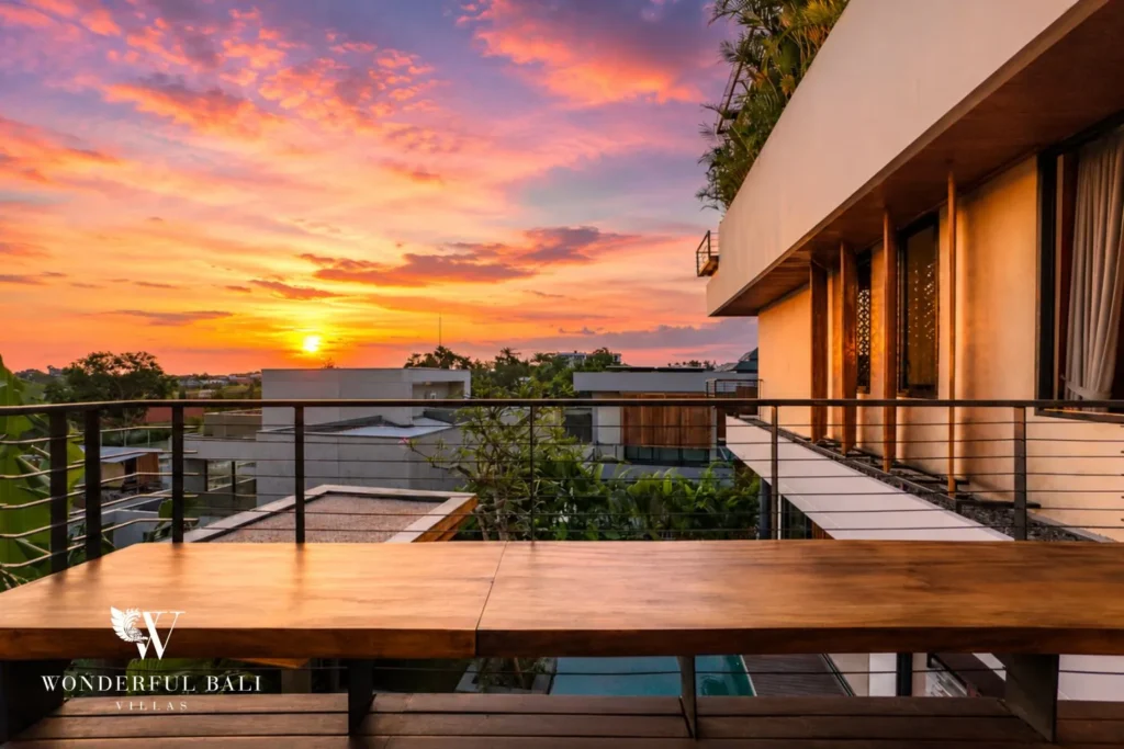 Terrace with lounge and sunset view at villa in Umalas, Bali