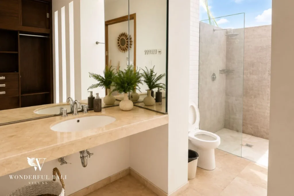 Bathroom with timber vanity, mirror and walk-in shower at villa in Berawa, Bali