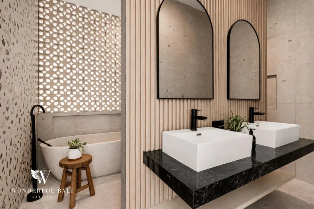 monthly villa rental pererenan — bathroom vanity with vessel sink