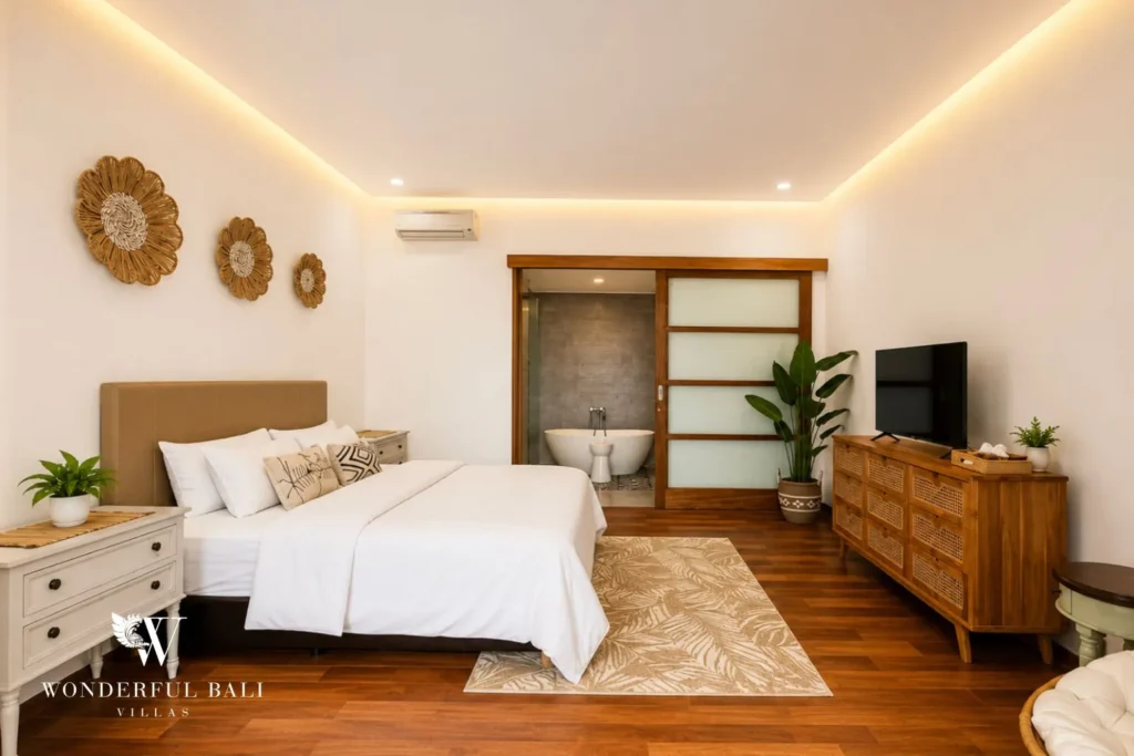 Bedroom with white bed, timber furniture and warm cove lighting at villa in Berawa, Bali