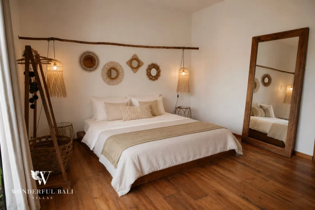 Bedroom with woven wall decor and decorative ladder at villa in Canggu, Bali